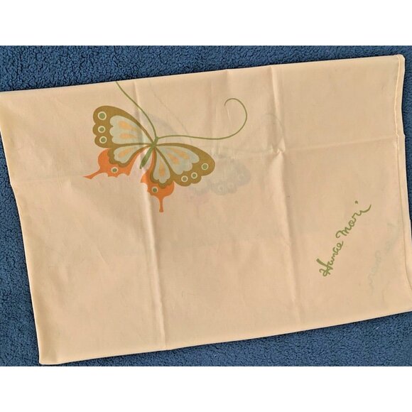 Vintage 70s Martex Butterfly Hanae Mori Pillowcase Set Two - Butter Yellow Logo - Picture 1 of 5